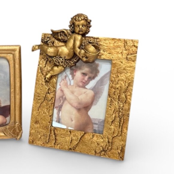 3 Vintage High Relief Gold Frames with Angel Pictures and Ceramic Gold Cherub - Picture 16 of 17